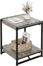 Wood Storage End Table, 20'' Large Square Farmhouse with 2 Tier Shelf- Gery 