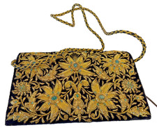 VINTAGE ZARDOZI BULLION EMBROIDERED BLACK/GOLD EVENING BAG SEMI-PRECIOUS STONES