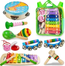 Best Kids Musical Instruments 12pcs Wooden Toys for Toddlers 2-4 with Xylophone