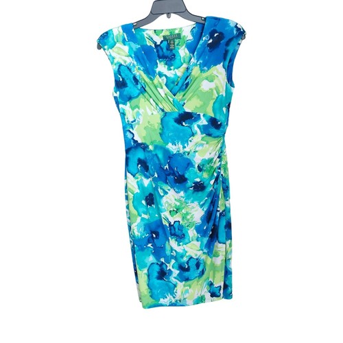 Lauren Ralph Lauren Size 8 Blue Green Floral Watercolor Faux Wrap Dress Career