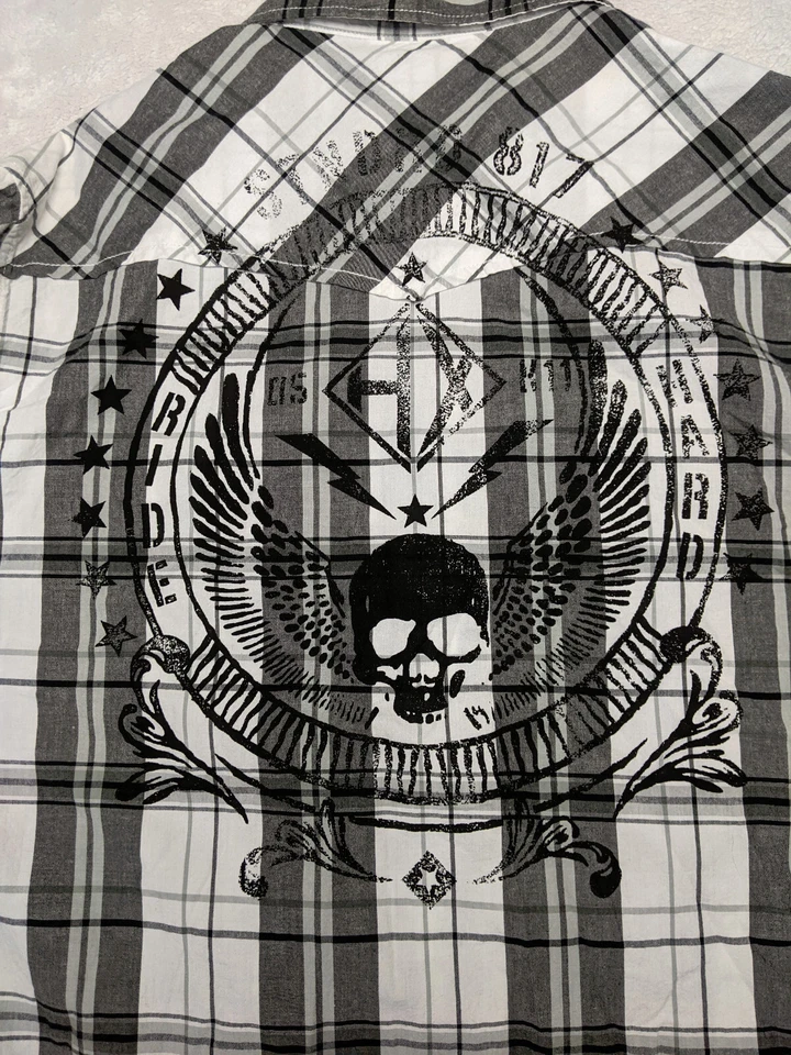 HELIX Mens L Navy Gray White Flying Skull Print Long Sleeve Pearl Snap - Image 2 of 4