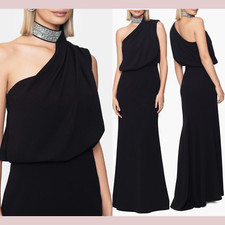 NWT 269 Betsy Adam 2 Crystal Mock Neck One-Shoulder Gown Black J857