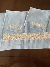 Gorgeous VTG Blue Linen Breakfast Set/3~1 Tray Cover/2 NAPS~Belgian Lace Inserts
