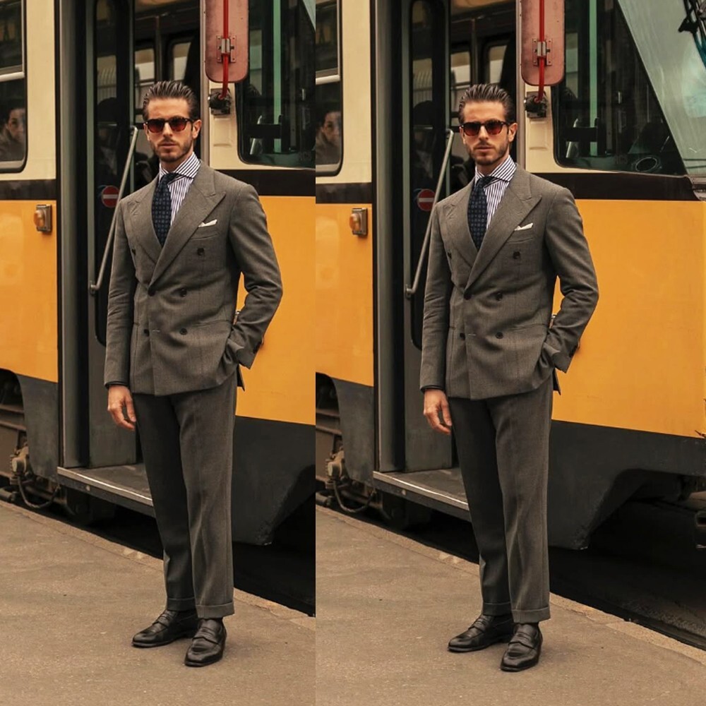 Brown Double Breasted Peak Lapel Suit for Men Business Wedding 2-Piece