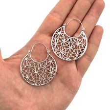 Floral Hoop Earrings Silver Tone Hoops Cut Out Flower Round Circle Disc Drop Mod