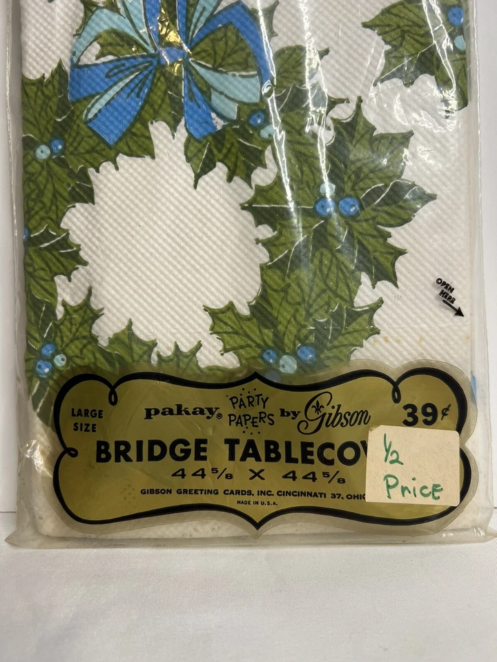 Cubierta de mesa vintage Pakay por Gibson BRIDGE de los años 50 sellada ~ corona de Navidad azul Foto 2 de 4