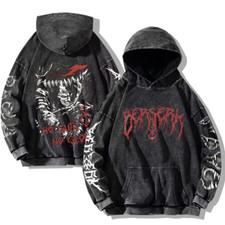 Gothic Vintage Washed Hoodie Teeth Print Harajuku Y2K Oversized Sweatshirt Men W