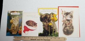 Vtg Lot of FOUR CUTE KITTY CAT GREETING CARDS Unused Blank Xmas STAND UP E4