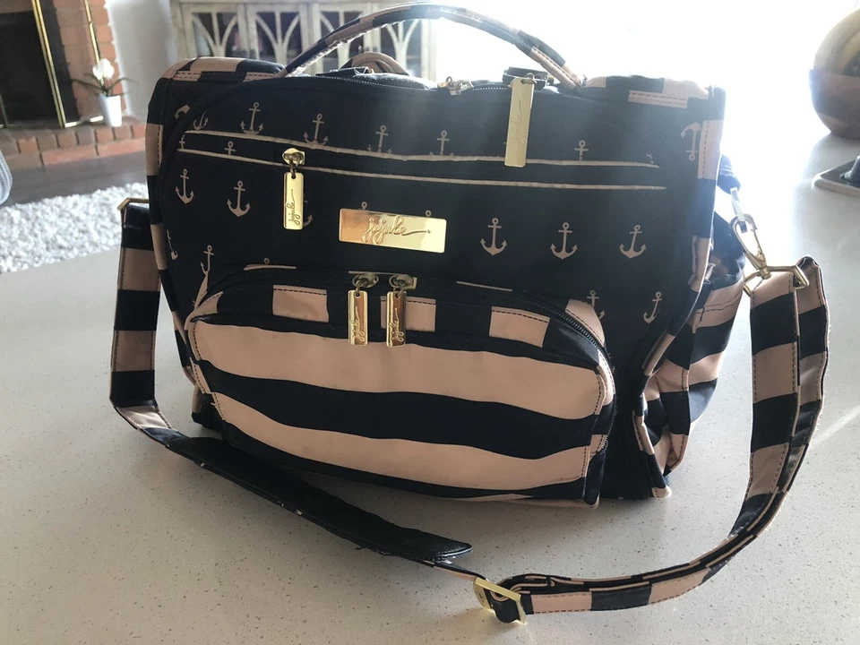 Ju Ju Be B.F.F. Diaper Bag/ Backpack Navy/Champagne Stripe With Changing Pad - Image 2 of 4