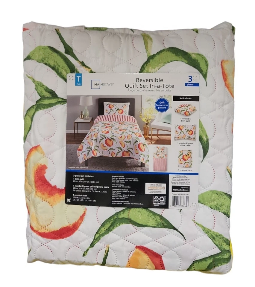 Twin - Mainstays Peaches Reversible Quilt Blanket Set w/ Tote, 3 Pieces - Imagem 4 de 4