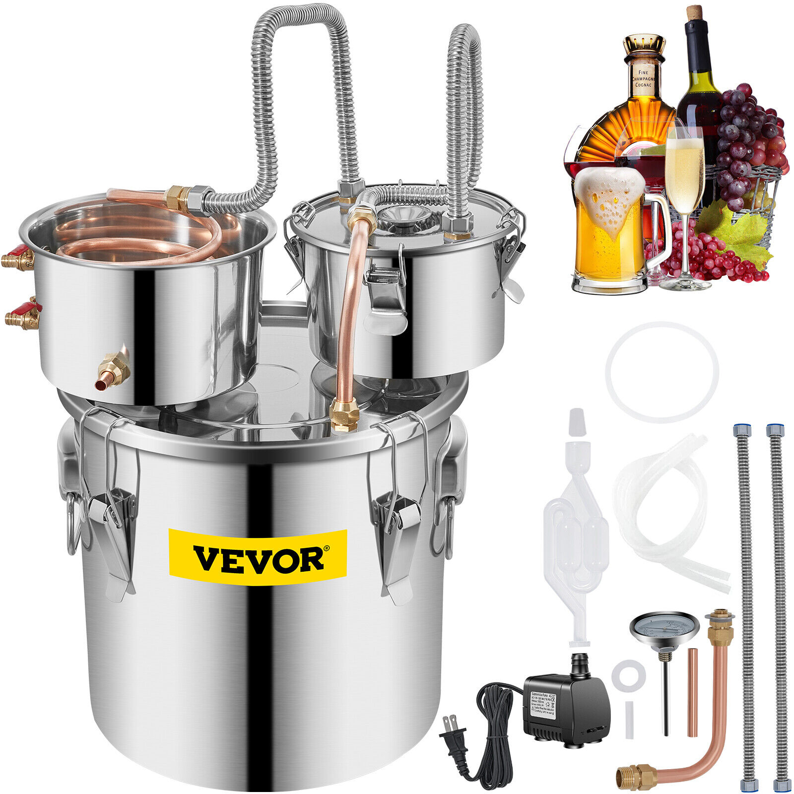 VEVOR 21L Alambique Destilador Agua Alcohol Vino Termómetro Inoxidable 2 Barril