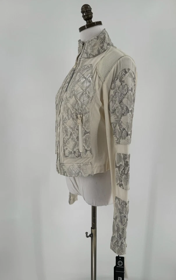 Blanc Noir Ivory Snake Print Leather Quilted Mesh Moto Jacket Sz M NEW - Image 3 of 4