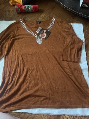 IMAN Global Sweater Women's Large NWT Brown Cashmere Blend BohoChic Jeweled 1x