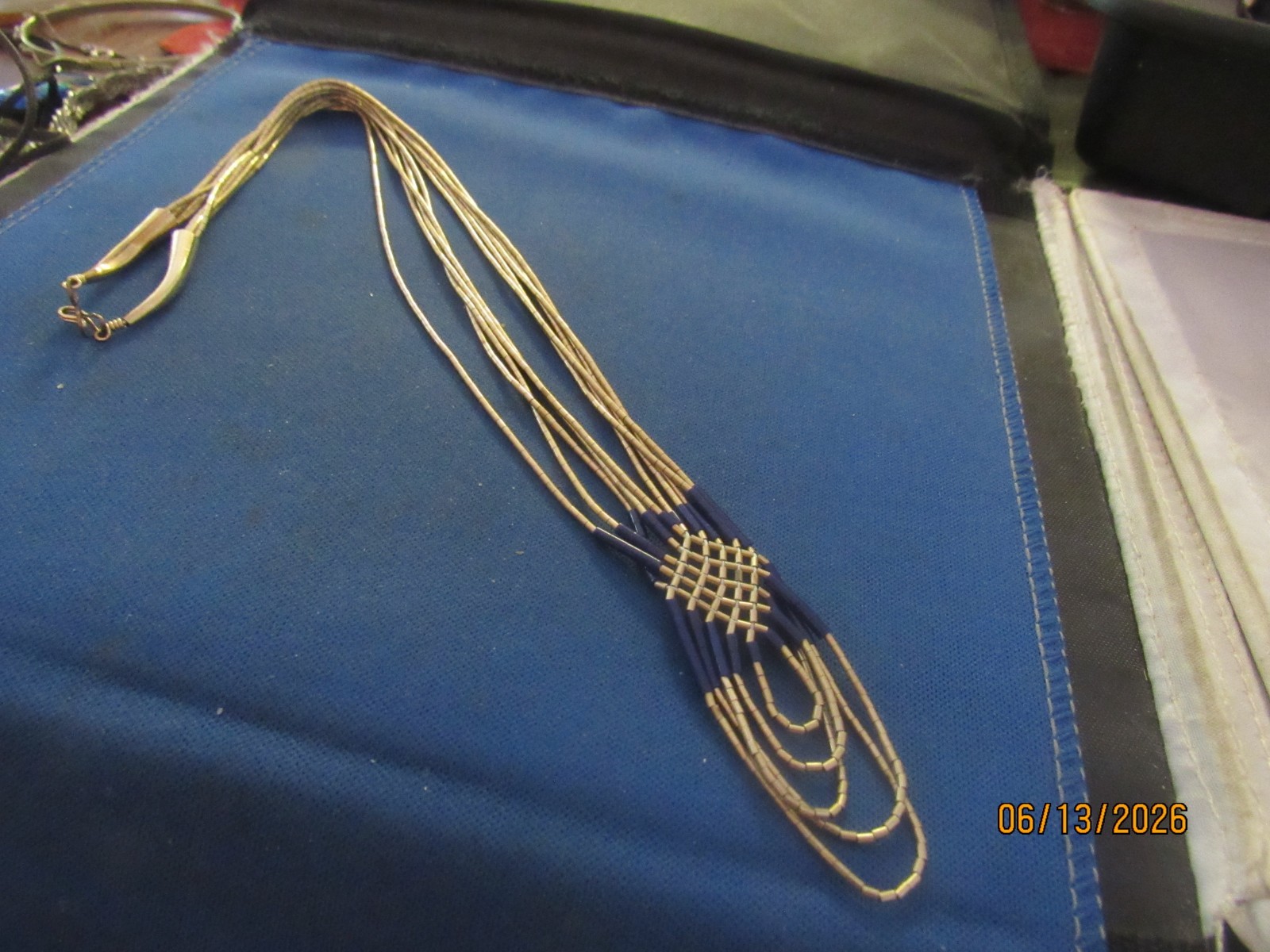 Vintage Golf Filled Beautiful  5 Strands Tube Silver Woven Lapis Beaded Necklac