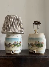 A Pair of Large 19th Century Staffordshire Spirit Barrel Lamps, Coaching Scenes