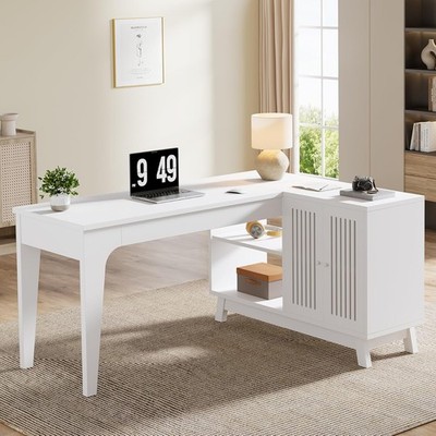 57-Inch L-Shaped Desk Modern Wooden Office Computer Desk with Storage Cabinet