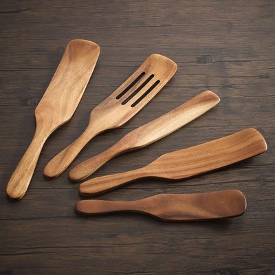 5Pcs Wooden Teak Spatula Natural Wood Spurtle Kit Cooking Kitchen Utensils Spoon