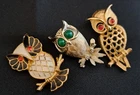 Vintage OWL Figural Brooch Pin Enamel Cabochon Costume Jewelry Lot