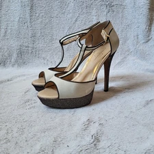 Jessica Simpson Bansi Heels Women's 8.5B Beige Sparkly Platform T Strap Heels