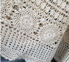 Antique Crochet Round Table Topper 84 Inches Hand Made Ivory Cream