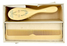 Vintage Celluloid Baby Brush  Comb Set Floral Nursery Gift in Original Box