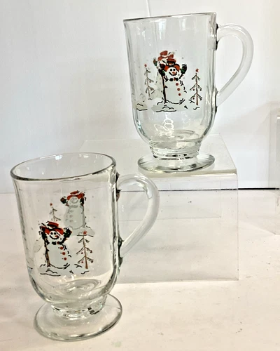 Lot Of 2 Snowmen Glasses Footed Mugs Libbey Cups 10 Oz