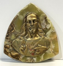 Escultura de Jesús Sagrado Corazón de bronce o latón de colección sobre placa de ónix de mármol