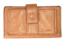 Fossil Brown Leather Wallet Bifold ID Holder Snap Closure Checkbook Size
