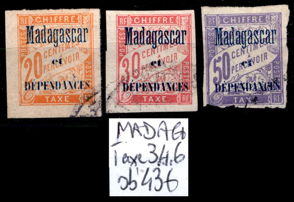 MADAGASCAR : TAXE n°3 + 4 + 6, Oblitérés = Cote 52 € / Lot Timbres COLONIES - Photo 1/1