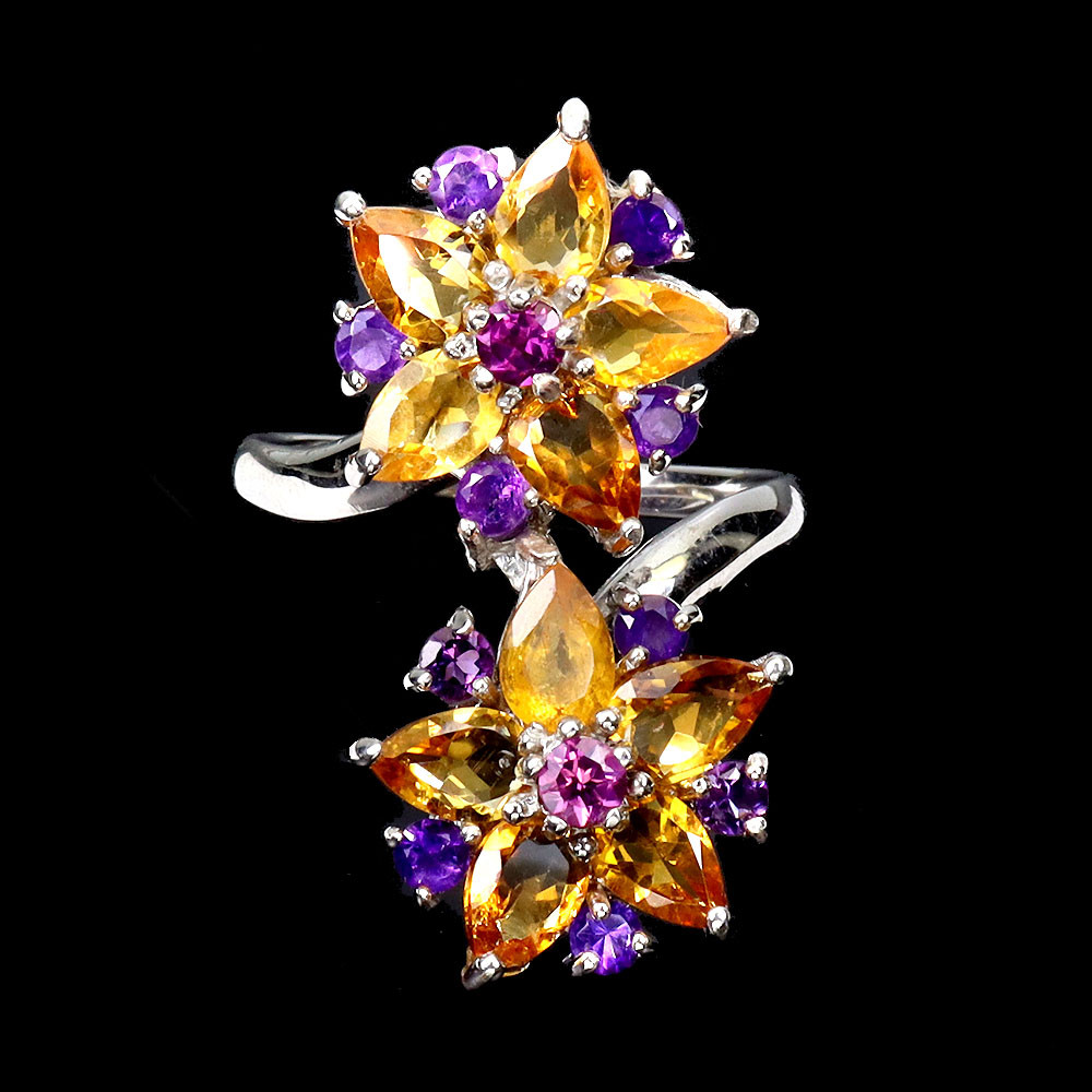 925 Sterling Silver Ring with Pear-Cut Citrine, Amethyst & Rhodolite Garnet Gemstone Jewelry for Women