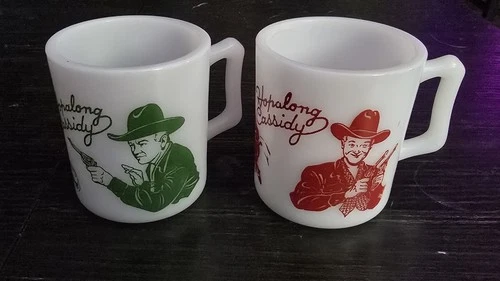 Vintage Fire-King Hopalong Cassidy Milk Glass Mugs – Set of 2 (Red & Green...