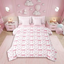 Pink Bow Bedding Set for Teen Women,Cute Ribbon Bowknot Full Bed in A Bag 7 P...