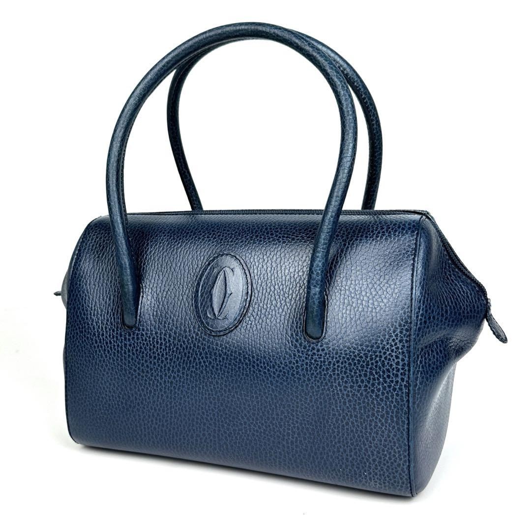 Cartier Must Mini Boston Bag Navy Leather Logo Embossed Zip Top-image