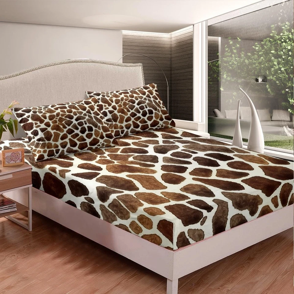 Juego de hojas estampadas de textura de piel de jirafa tamaño king con bolsillo profundo... Foto 2 de 4
