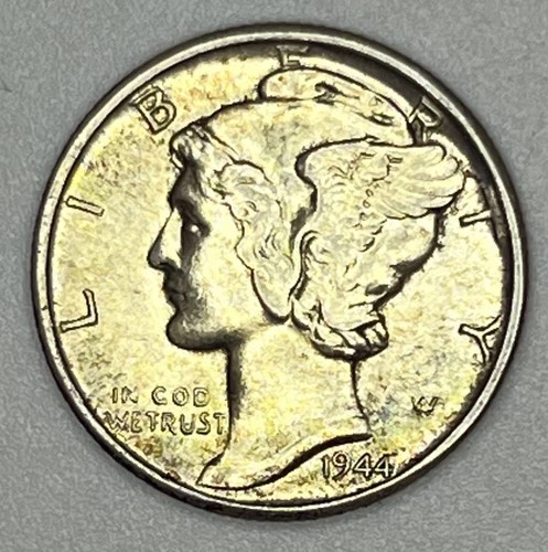 1944-D Mercury Dime 90% Silver Denver AU UNC Toned Toning