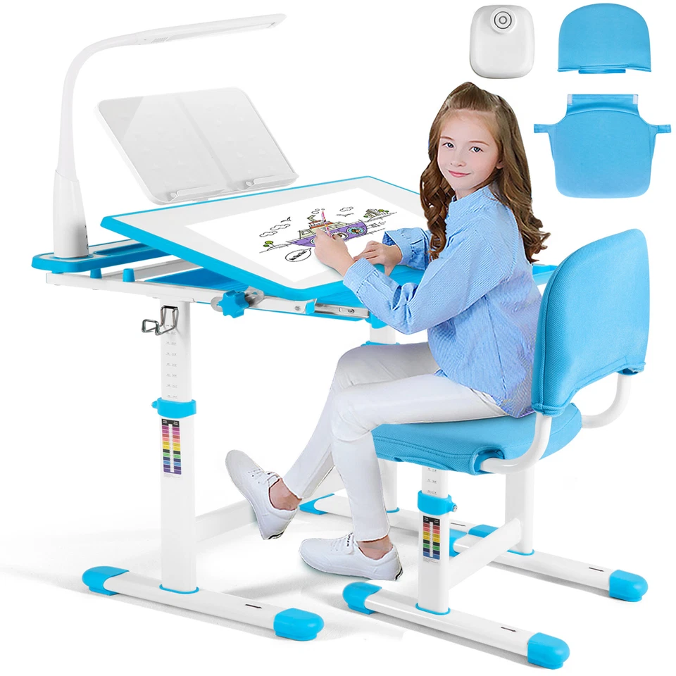 Höhenverstellbar Kinder Arbeitszimmer Schreibtisch Stuhl Set Tisch mit Lampe, Schublade, Stuhlhusse Blau