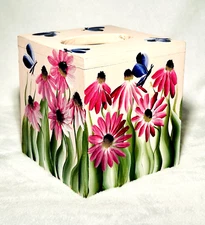 Tissue Box Cover Hand Painted Made Wood Signed Thomas Phipps Floral Butterflies