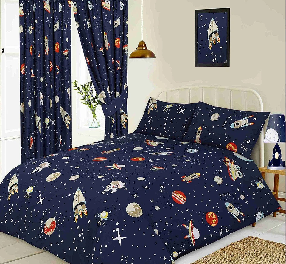 MY HOME DOUBLE BED DUVET COVER SET SPACE PLANETS STARS NAVY BLUE ALIENS ASTRONAUT UFO