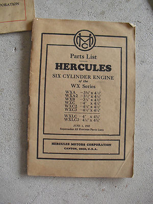 Vintage 1935 Booklet Hercules Motor Corp Parts List Six Cylinder Engine WX Serie