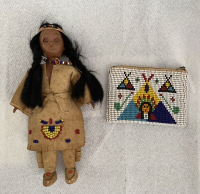 Vintage Indianer Indianer Puppe Wildleder Kleid & Perlen Leder Geldbörse