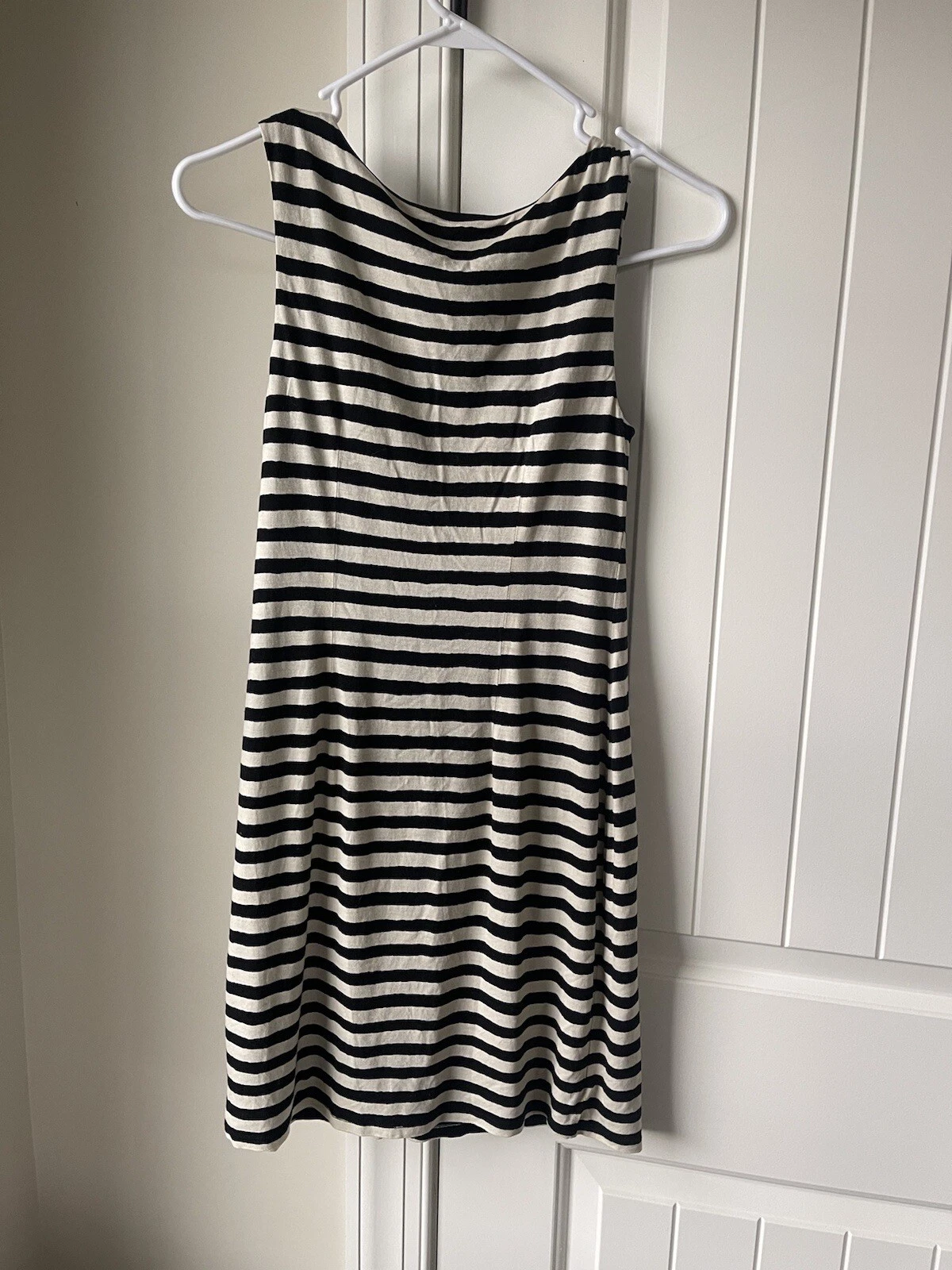 OFF WHITE Abito arricciato senza maniche Ann Taylor LOFT nero spento a righe bianco taglia S P