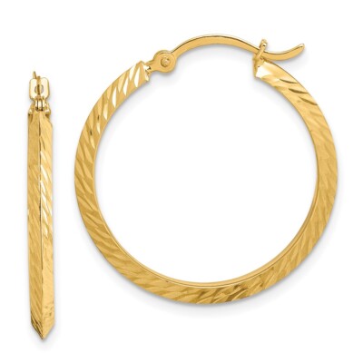 Real 14kt Yellow Gold Polished Diamond-Cut Hoop Earrings