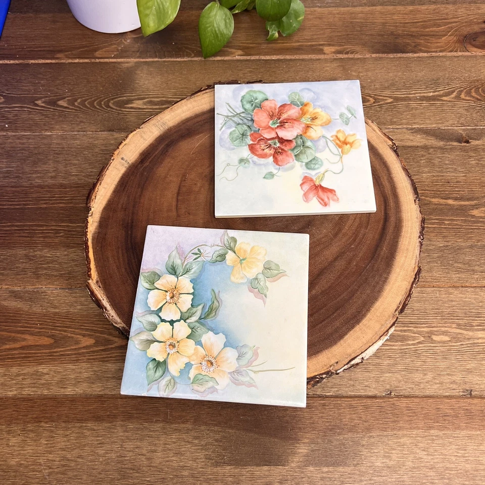 Tile Hand Painted Floral Design Unique and Collectible Set Of 2 - Image 3 of 4