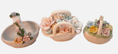 Three Vtg. Small Porcelain Baskets /Trinket Box -Japan - Signed Pastel Floral