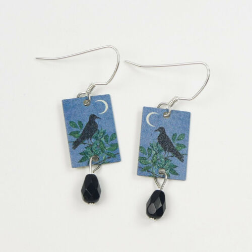 Lemon Tree Earrings Crow with Moon Etched Brass Rectangle with Bead Unique - Afbeelding 1 van 4