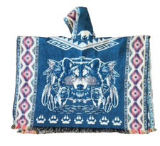 HANDMADE KIDS ALPACA WOOL-PONCHO WOLVES DESIGN BLUE MADE IN ECUADOR