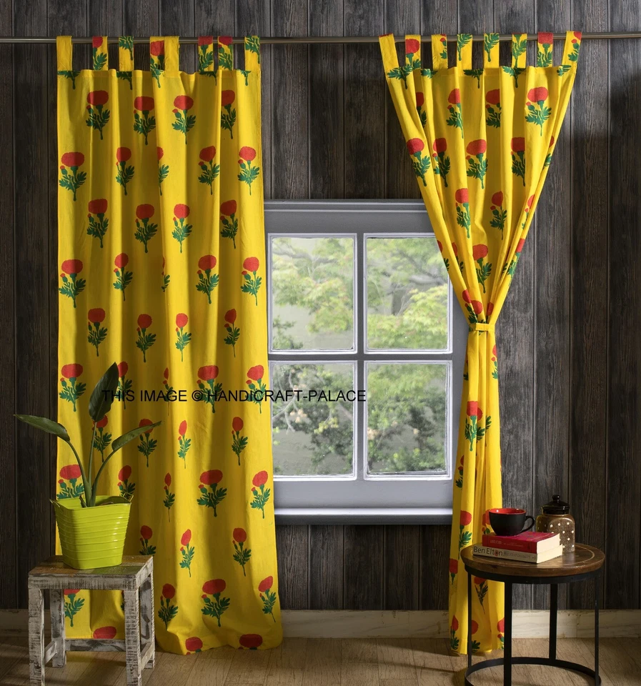 Cortina impresa en bloque a mano panel algodón bucles tinte natural amarillo rosa floral 86" Foto 3 de 3