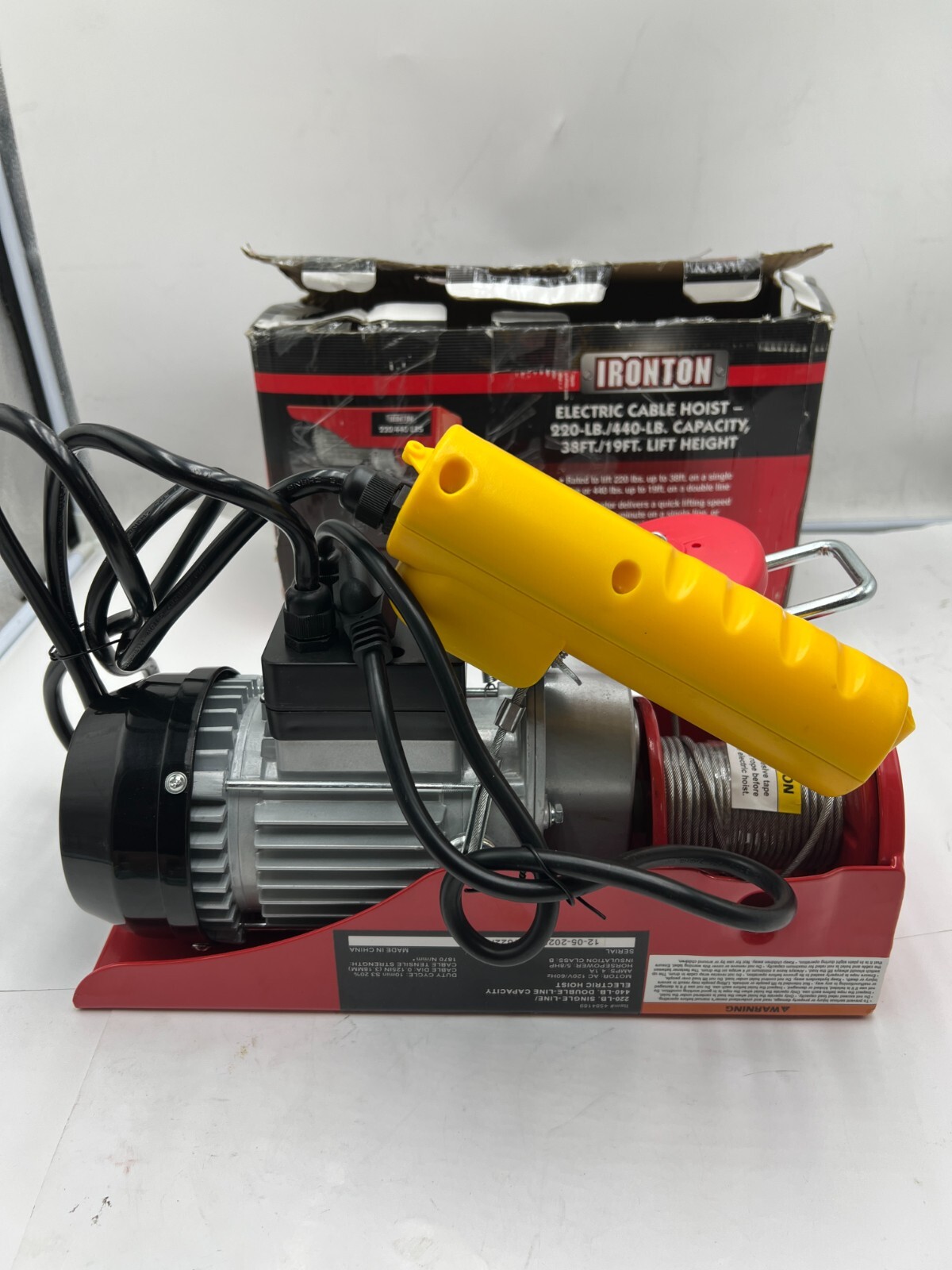 Ironton Electric Cable Hoist Item 4584189, AC 120V/60Hz, AMPs 4.1A, 5
