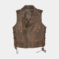 Men Classic Side Lace Motorcycle Distressed Brown Leather Concealed Carry Vest