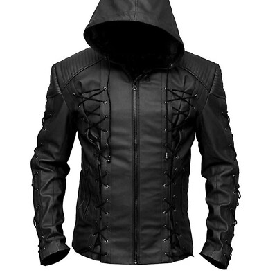Men's Green Arrow Inspired Black Hooded Leather Jacket   Superhero Vigilante